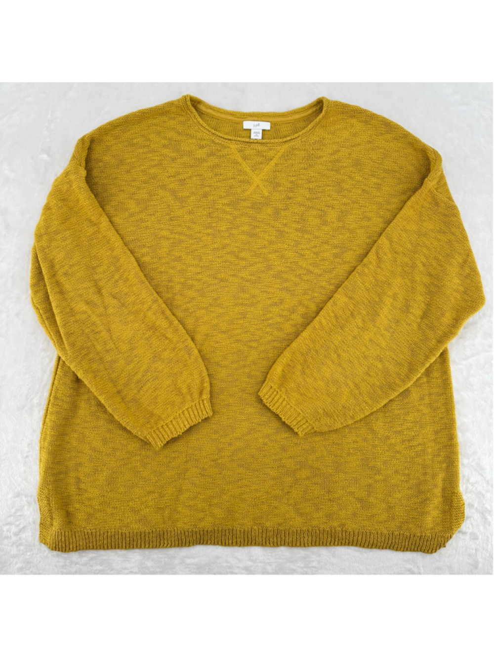J. Jill Mustard Yellow Sweater Cotton Slub Knit Roll Neck 3/4 Sleeve Oversized